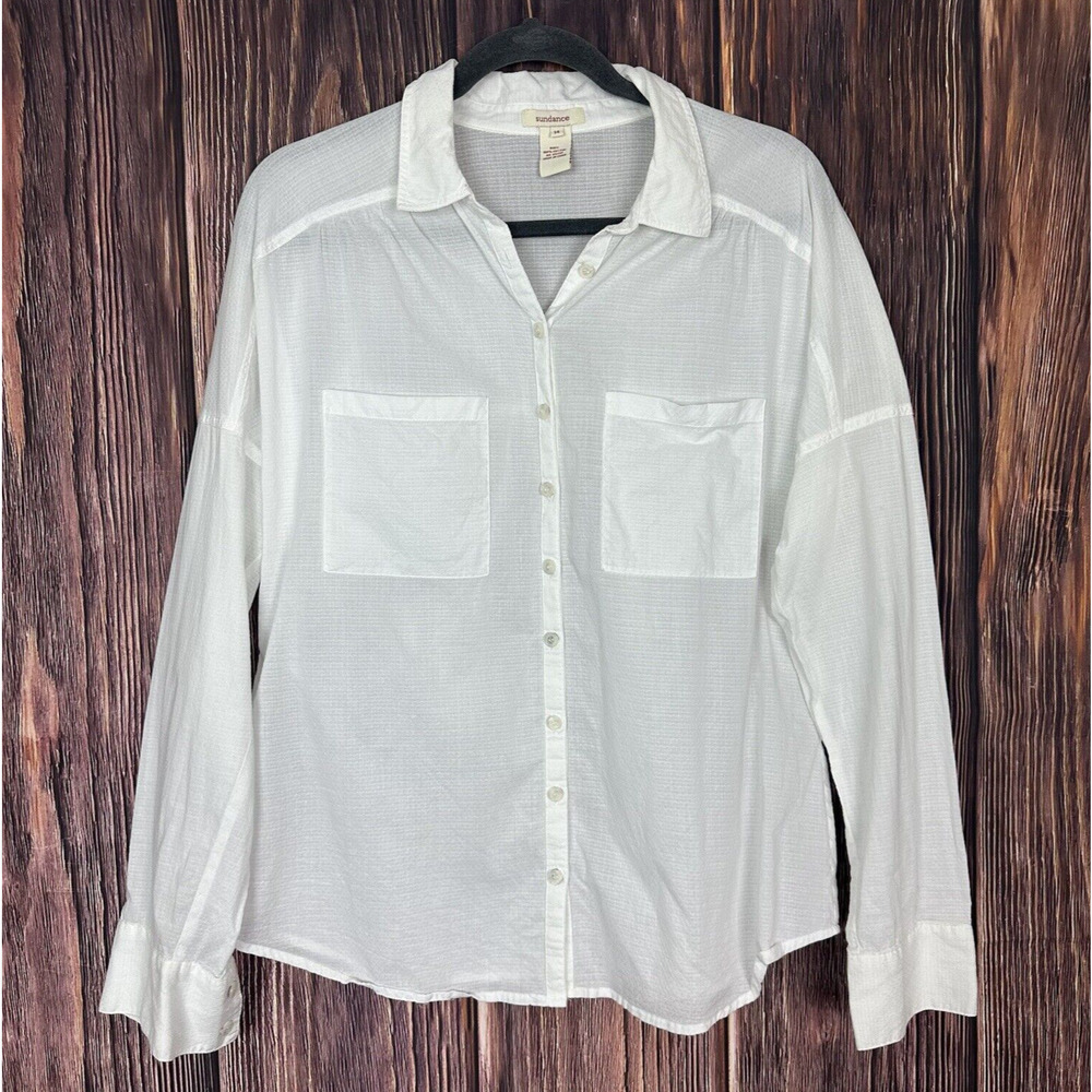 Sundance Womens White Button Down Shirt Sheer Long Sleeve Size 14